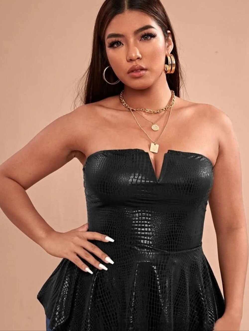 Black Faux Croc Strapless Peplum Tube Top